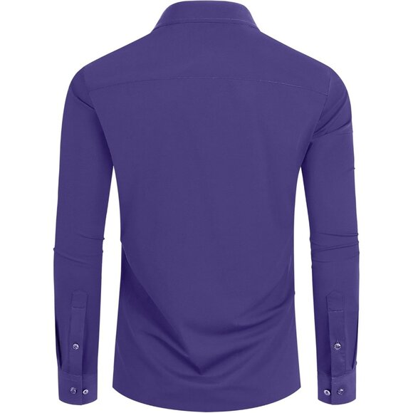 Men Purple Long Sleeve Slim Muscle Fit Wrinkle Free Button Down Dress Shirts - Picture 9 of 9